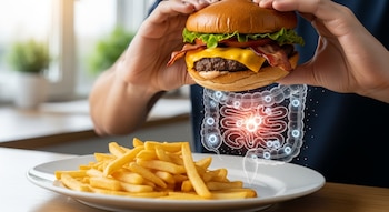 Manos sostienen una hamburguesa frente a un plato de papas fritas; sobre el abdomen, se superpone una visualización transparente de un intestino debilitado.