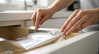 Primer plano de manos doblando papel de aluminio dentro de un cajón de madera abierto. El fondo de cocina está suavemente desenfocado con luz natural.