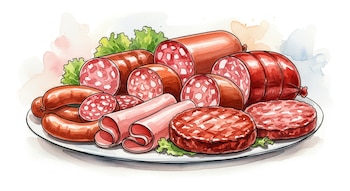 Ilustración acuarela de una bandeja con salchichas, embutidos variados, lonchas de jamón y hamburguesas de carne, con hojas de lechuga.