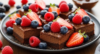 Primer plano de brownies de chocolate cuadrados en un plato oscuro, cubiertos con frambuesas rojas, arándanos azules y mitades de fresas.