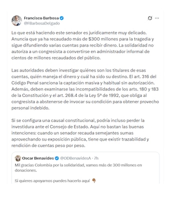 Francisco Barbosa reaccionó a colecta de Óscar Benavides