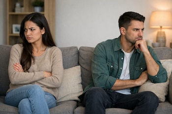 Un hombre y una mujer sentados en un sofá gris, él con camisa verde y jeans oscuros, ella con suéter beige y jeans claros, ambos mirando en direcciones opuestas.