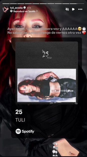 Captura de pantalla de una historia de Instagram de Tuli Acosta con texto y una imagen promocional de su canción '25' en Spotify