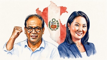 Imagen Ilustrativa de Roberto Sánchez y Keiko Fujimori, y de fondo el mapa del Perú