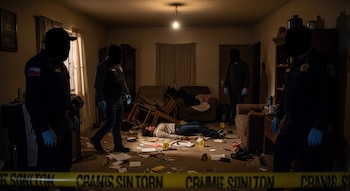 Cuatro agentes forenses con guantes azules en una habitación desordenada con una persona tendida en el suelo, marcadores de evidencia y cinta policial.