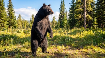 Un oso negro erguido sobre sus patas traseras en un claro rodeado de hierba, flores y pinos.