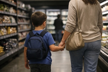 Niño con mochila y mujer, ambos de espaldas, se toman de la mano mientras caminan por un pasillo de supermercado con estanterías de productos.