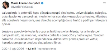 María Fernanda Cabal advirtió sobre apropiación de causas sociales y subsidios como dependencia - crédito @MariaFdaCabal/X
