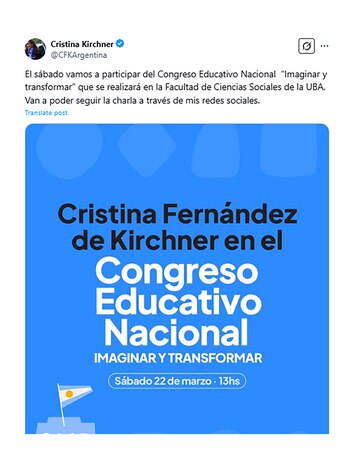 La publicación de Cristina Kirchner