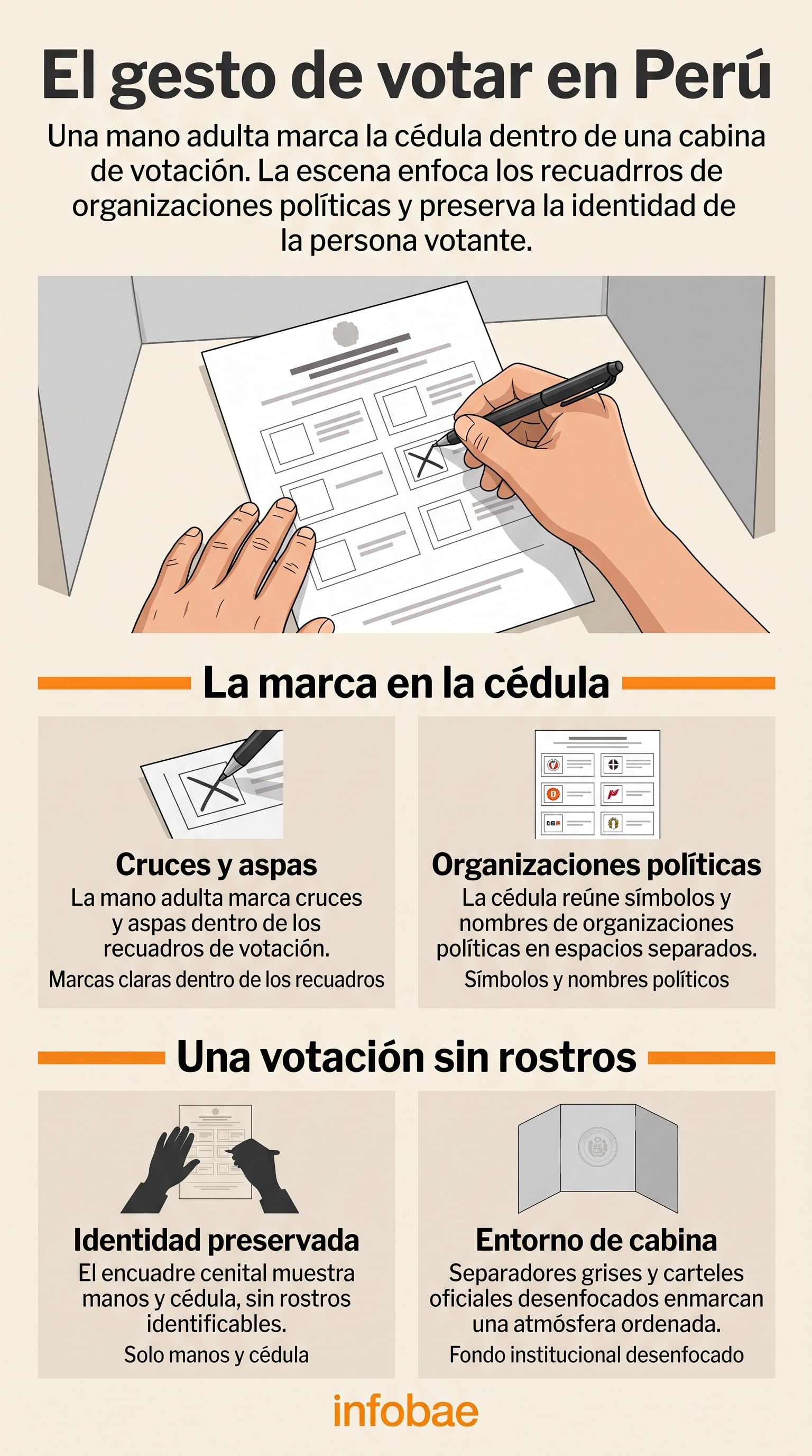 Una infografía de Infobae detalla el procedimiento para marcar la cédula electoral dentro de la cabina de votación en Perú. (Imagen Ilustrativa Infobae)