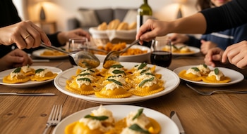 Mesa de madera con platos llenos de sorrentinos de calabaza. Manos de varias personas sirven y recogen comida, con una botella de vino al fondo.