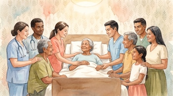 Una ilustración en acuarela representa a ocho personas de diversas etnias centroamericanas rodeando a un adulto mayor en cama, mostrando afecto y apoyo.