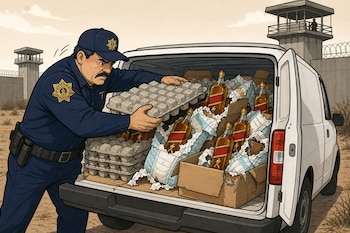 Un policía coloca cartones de huevo sobre botellas de whisky y pañales en la parte trasera de una camioneta blanca junto a una prisión.