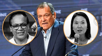 Jorge Nieto Montesinos hablando en un podio. Rostros en blanco y negro de Roberto Sánchez y Keiko Fujimori, en círculos con borde naranja, superpuestos.