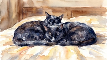 Pintura en acuarela de dos gatos negros acurrucados durmiendo sobre una cama con una cabecera de madera clara al fondo, con trazos de pintura visibles.