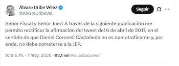El mensaje responde a un proceso legal con el periodista Danicel Coronell - crédito @AlvaroUribeVel/X