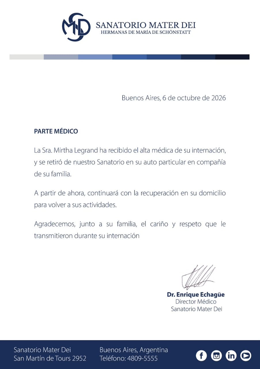 Parte médico del alta de Mirtha Legrand emitido por el Sanatorio Mater Dei