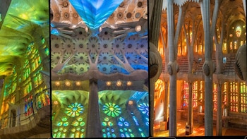 Fotografías del interior de la Sagrada Familia. (Montaje de Infobae realizado con imágenes de la Fundación Junta Constructora del Templo Expiatorio de la Sagrada Família)