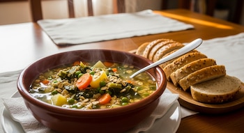 Una cazuela de sopa de avena y verduras humeante con zanahorias y guisantes, con una cuchara, junto a rebanadas de pan integral en una mesa de madera.