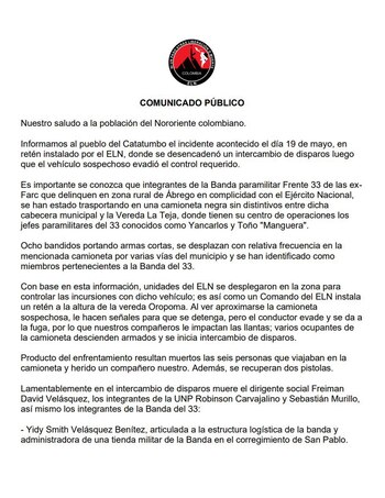 El comunicado que compartió el ELN la mañana del sábado 23 de mayo de 2026 responsabilizándose de la masacre en Ábrego, Norte de Santander - crédito @jhonjacome/X