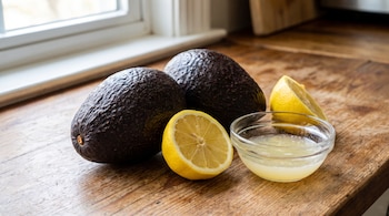 Dos paltas oscuras, trozos de limón y un tazón pequeño de vidrio con jugo sobre una mesa de madera cerca de una ventana.