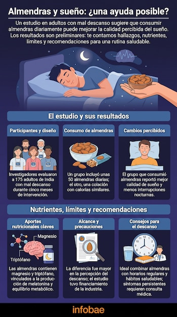 Infografía con ilustraciones de un hombre durmiendo, una mano sosteniendo almendras, diagramas de nutrientes y varias cajas con texto explicativo.