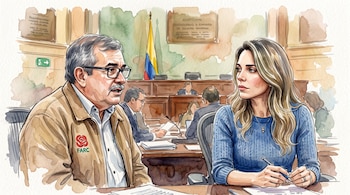 Dibujo en acuarela La senadora María Clara Posada y el exlíder de las Farc Rodrigo Londoño - crédito