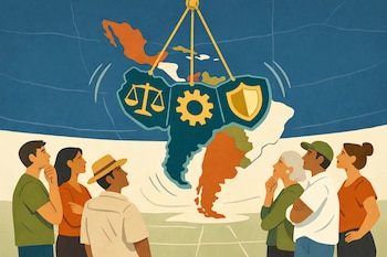 Ilustración de un mapa de América Latina con un péndulo que lleva símbolos de balanza, engranaje y escudo, y seis personas lo observan desde abajo.