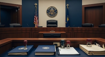 Sala de la corte federal con estrado, silla, banderas de Estados Unidos y Texas, escudo del Distrito Este de Texas, carpetas y sellos oficiales.