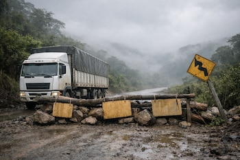 Camión blanco con lona gris detenido en camino de tierra con agua, bloqueado por troncos, rocas y carteles de advertencia. Señal de tránsito de curva inclinada.