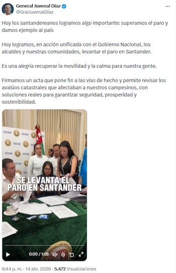 Juvenal Díaz anunció fin del paro en Santander y destacó ejemplo nacional en resolución de conflictos - crédito @GralJuvenalDiaz/X