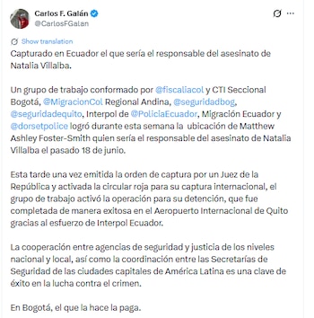 El alcalde Carlos Fernando Galán se pronunció tras la captura de Foster, el británico señalado de asesinar a Natalia Villalba - crédito @CarlosFGalan/X