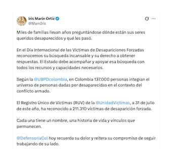 Iris Marín recordó a los desaparecidos forzados en Colombia