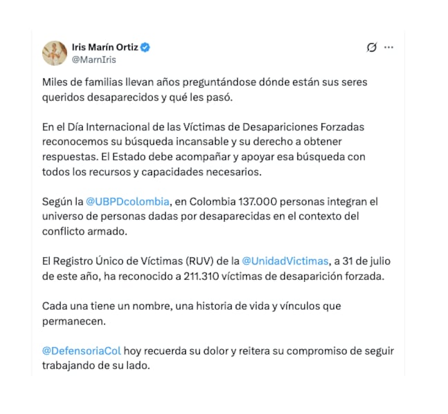 La defensora del Pueblo Iris Marín recordó a los desaparecidos forzados en Colombia, en la conmemoración del día internacional de este flagelo - crédito @MarnIris/X