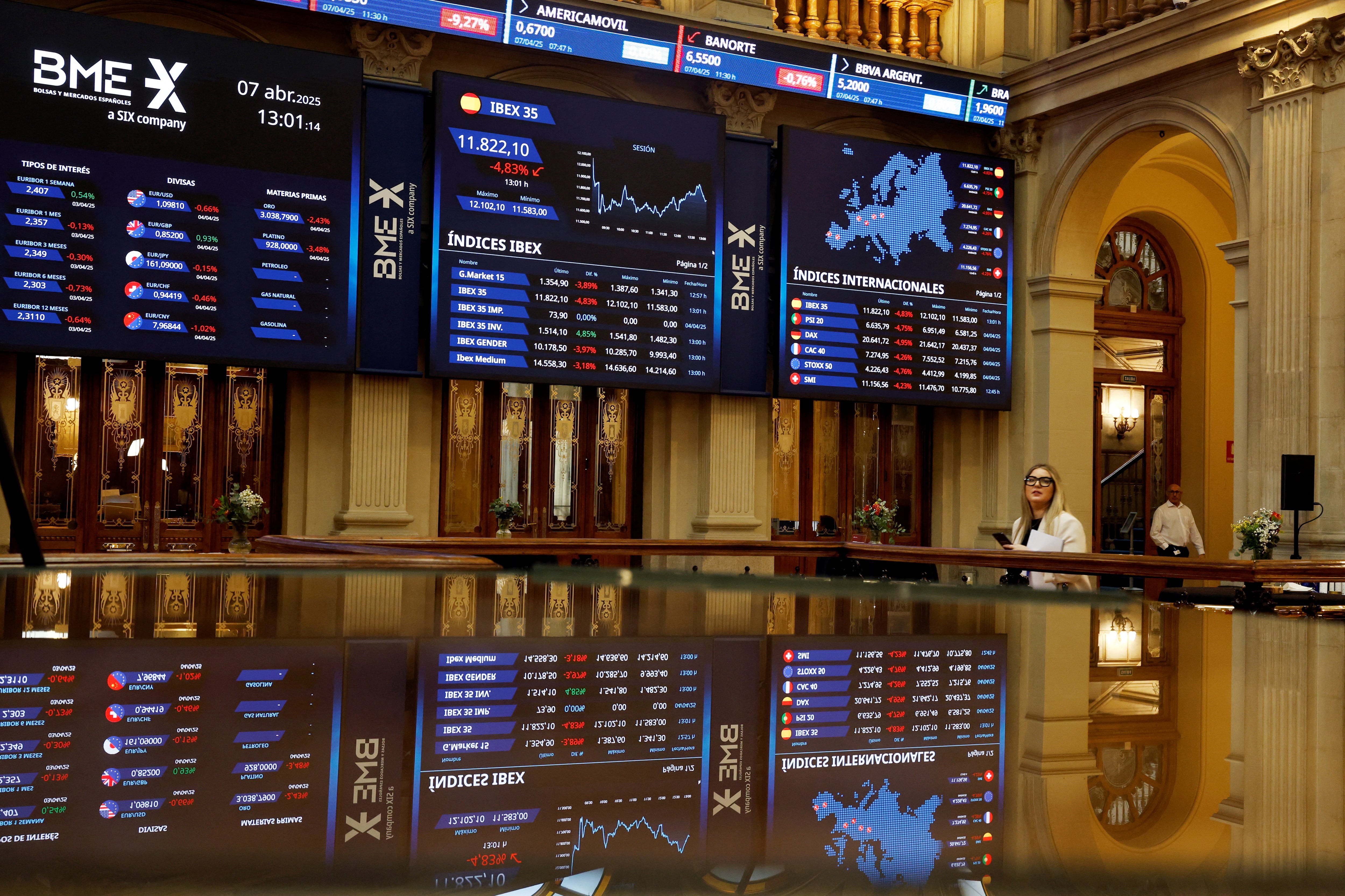 Los paneles electrónicos muestran información bursátil en la Bolsa de Madrid, España. REUTERS/Susana Vera