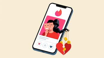 Ilustración de un teléfono con la interfaz de Tinder, el perfil de un hombre sonriente, una silueta oscura detrás, monedas y un corazón roto