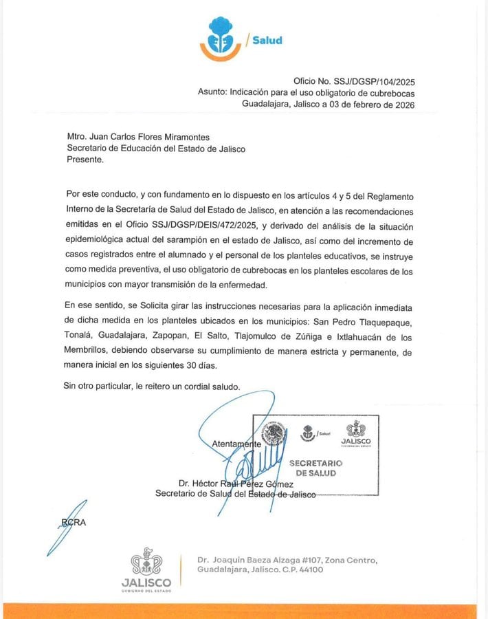 Alerta sanitaria en Jalisco: Ante el aumento de contagios de sarampión, el gobierno estatal decretó el uso obligatorio de cubrebocas en escuelas de la Zona Metropolitana de Guadalajara. (SSJ)
