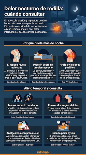Infografía con ilustraciones de una persona en cama, la articulación de la rodilla y opciones de alivio, con el logotipo de Infobae al pie.