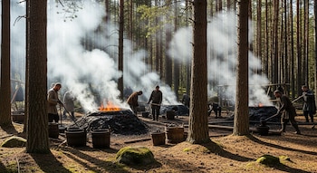 Bosque de pinos con humo y fuego de fosas de alquitrán. Varios hombres con vestimenta de época trabajan alrededor de los hoyos con herramientas y cubos.