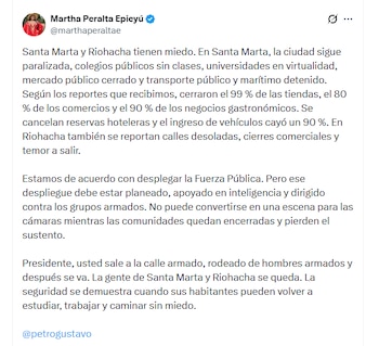 Martha Peralta Epieyú se refirió a la militarización de Santa Marta - crédito @marthaperaltae/X