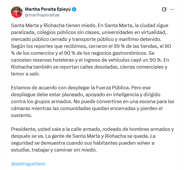 Martha Peralta Epieyú se refirió a la militarización de Santa Marta - crédito @marthaperaltae/X