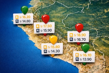 Mapa físico de Perú con cinco marcadores de precios de gasolina y diésel en soles. Los marcadores son verdes, rojos y amarillos.