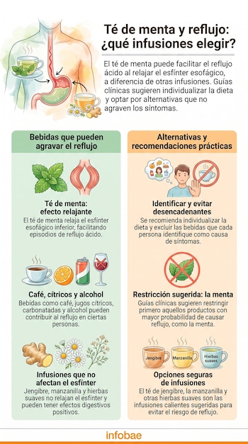 Infografía sobre reflujo con diagrama digestivo. Muestra té de menta, café, cítricos, gaseosa y alcohol como agravantes. Jengibre, manzanilla, hierbas como alternativas.
