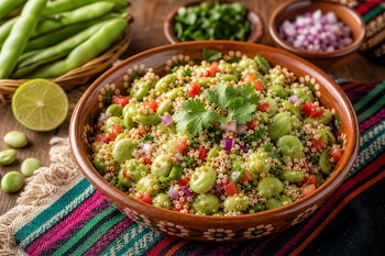 Un recipiente de barro contiene una ensalada de habas, amaranto, jitomate y cebolla, junto a un limón y vainas sobre un mantel textil.