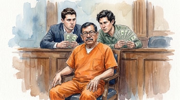 Pintura en acuarela de un hombre con uniforme naranja y gafas sentado en una silla, con dos hombres detrás de él sosteniendo abanicos de billetes.