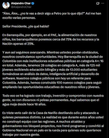 Alejandro Char afirmó que la gestión local priorizó la resolución de problemas y la generación de oportunidades educativas, a diferencia de la confrontación nacional - crédito @AlejandroChar/X