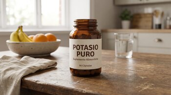 Un frasco de vidrio con cápsulas de potasio se encuentra sobre una mesa de madera junto a un vaso de agua y un frutero.