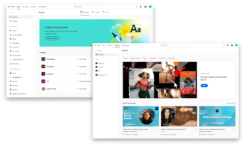 Dos ventanas digitales presentan la interfaz de Adobe Creative Cloud con menús de aplicaciones instaladas y recursos interactivos