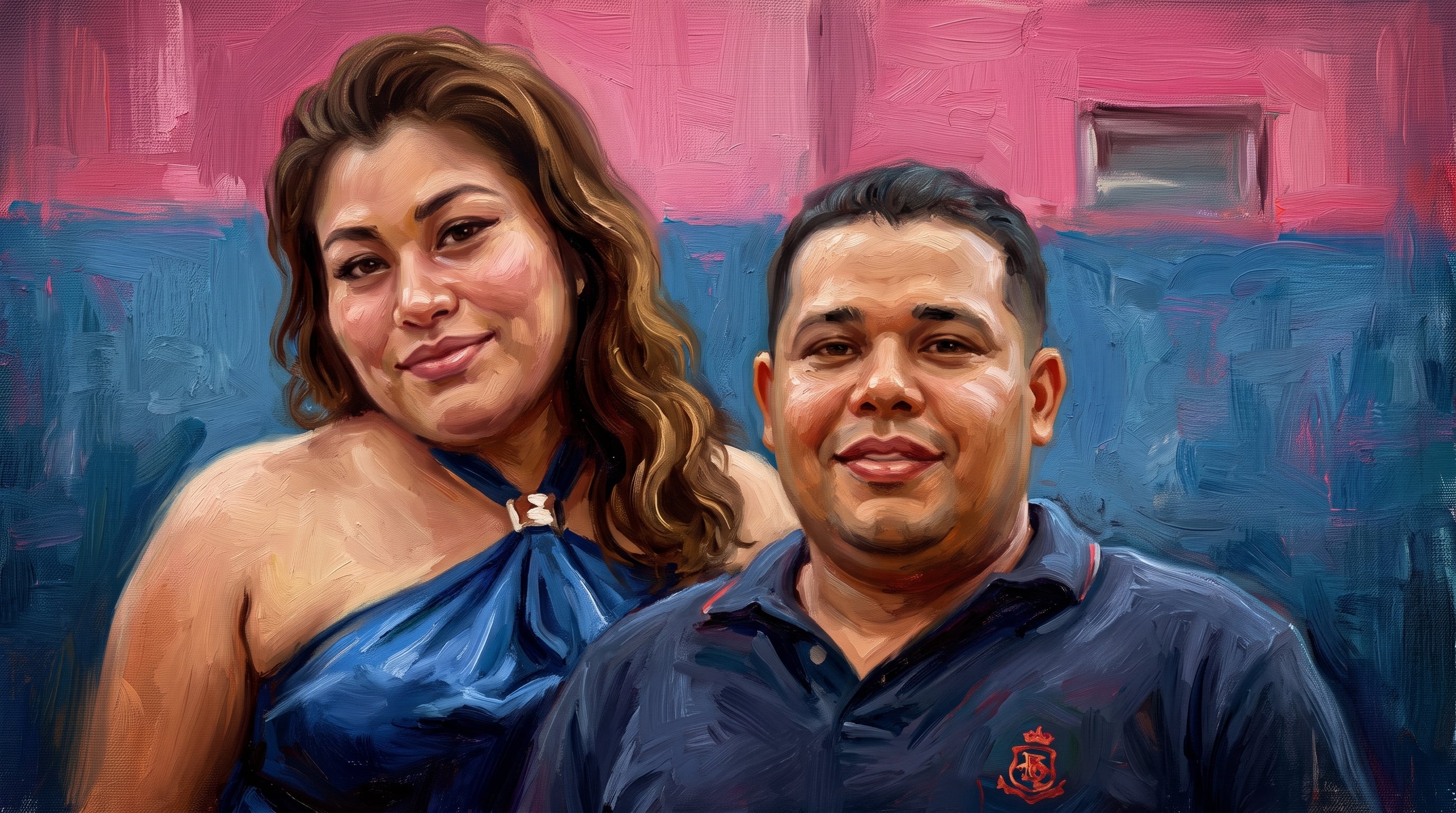 Una pareja sonríe en un retrato de estilo óleo elaborado sobre un fondo de tonos rosa y azul. (Imagen Ilustrativa Infobae)