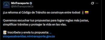El proceso de consulta no modificará la Ley 336 de 1996 ni las normas relativas al transporte público - crédito @MinTransporteCo/X